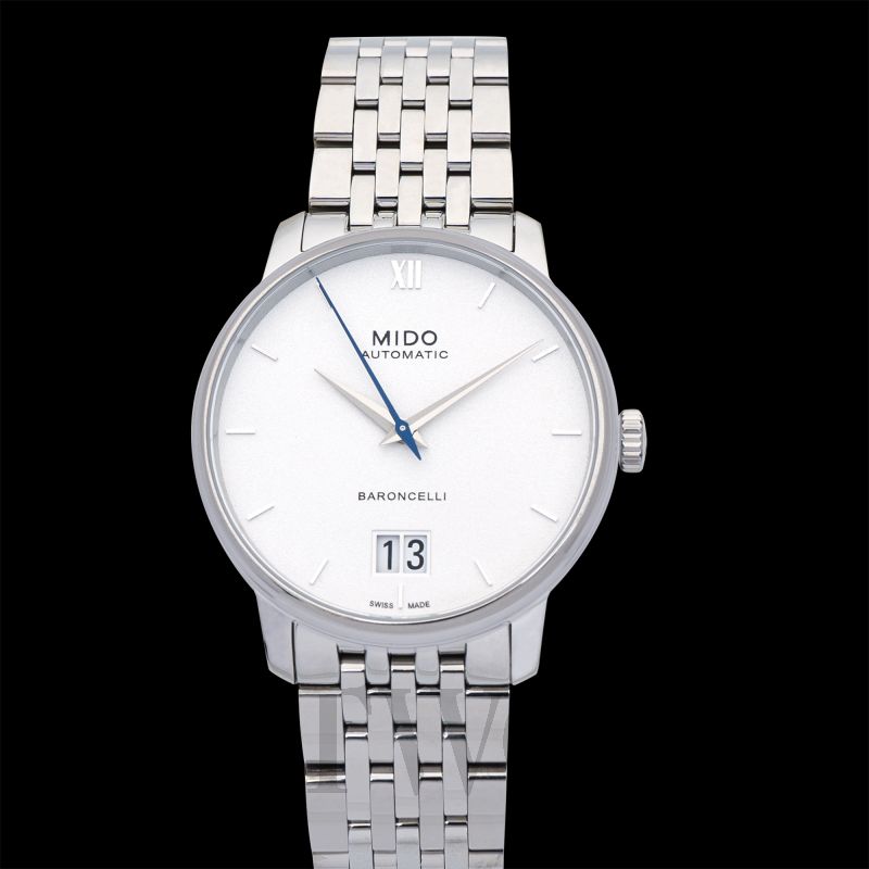 Mido Baroncelli Big Date M027.426.11.018.00 – ceas automatic elegant pentru bărbați, cadran alb, brățară din oțel inoxidabil și funcție Big Date