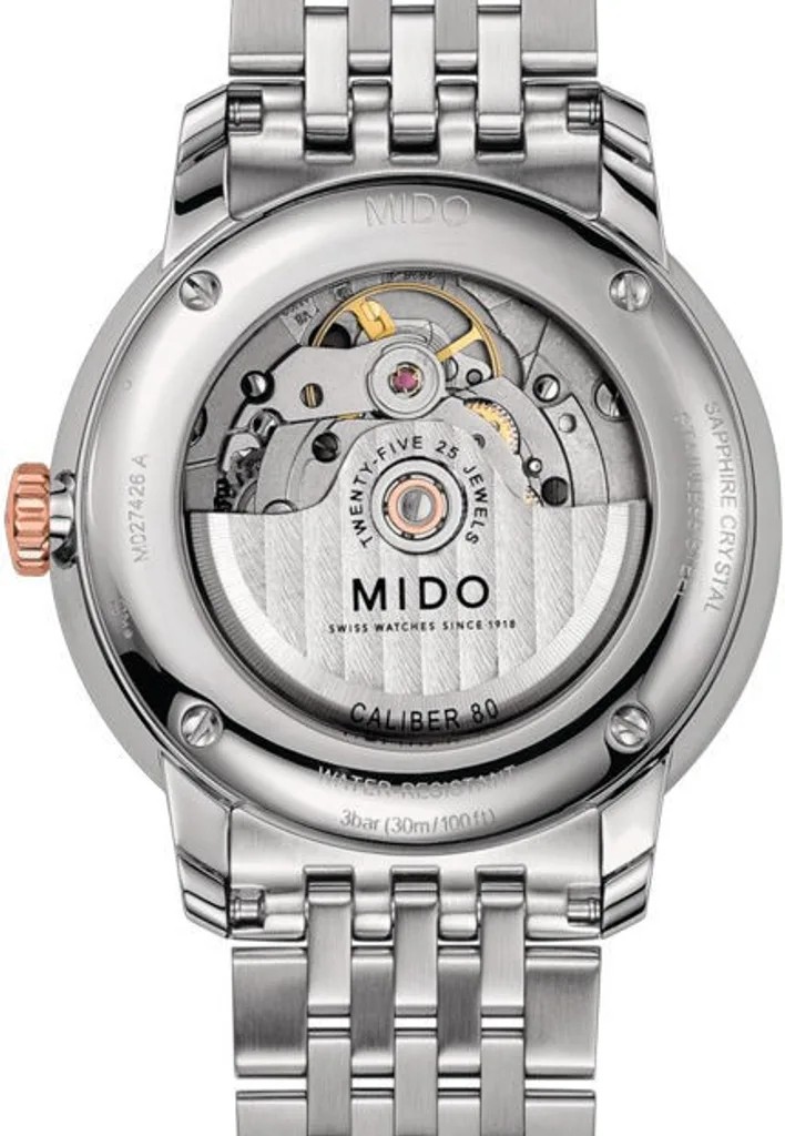 Capacul transparent al modelului Mido
Baroncelli Big Date, cu mecanismul Caliber 80
vizibil