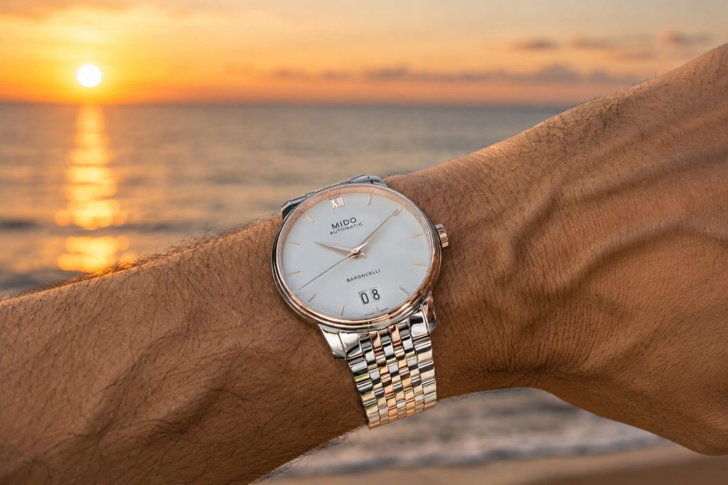 Mido Baroncelli Big Date purtat într-un context elegant, cu brățară din oțel și cadran alb
