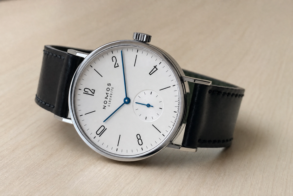 Ceas Nomos Tangente 38 Date referința 130 cadran alb galvanizat ace albastre