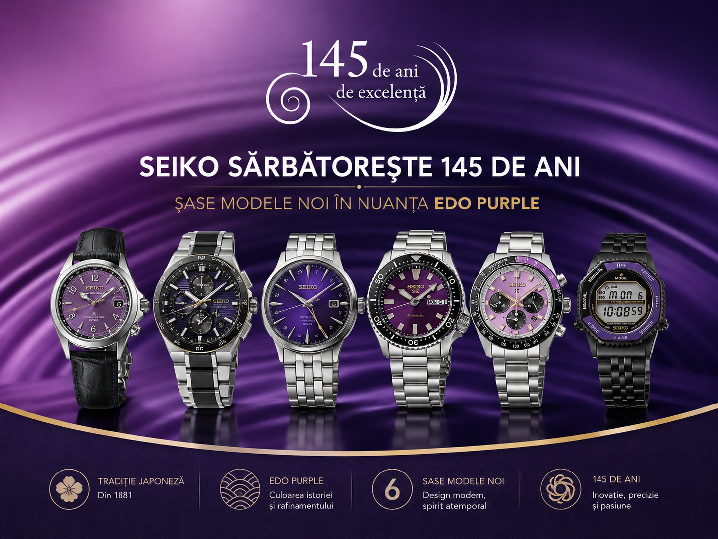 Seiko sărbătorește 145 de ani cu șase modele noi în nuanța Edo Purple